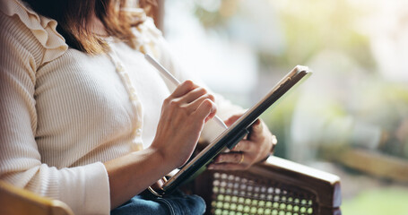 Woman hands, pen and tablet in home for ecommerce, digital drawing and connectivity in Japan. Person, tech and relax in living room with social media, news scroll and journal blog in creativity app