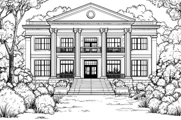 Fototapeta premium A modern, minimalist illustration of a second-story elementary school building, depicted in a single continuous line, capturing the essence of back-to-school education.