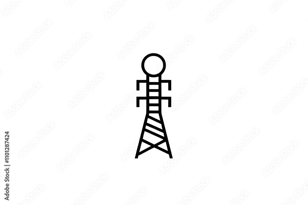 Poster a black linear design of an abstract tower with overhead electrical cables, created in a continuous 