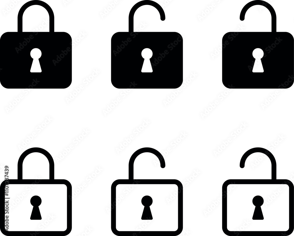 Poster lock icon set collection. close lock and open lock vector icon - locked and unlocked line icons, bla