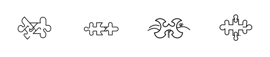 Obraz premium A single continuous line drawing depicting interconnected puzzle pieces, symbolizing group teamwork, cooperation, and business strategy in a doodle style. The illustration features an editable stroke