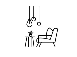 A single-line drawing featuring a Scandinavian armchair and table with a monstera leaf in a vase, along with hanging pendant loft lamps. The doodle presents modern furniture in a simple linear style. © Антон Сальников