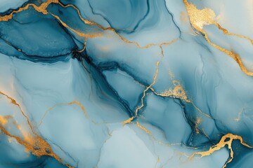 Elegant marble design background incorporating blue and golden artistic hues. Gorgeous paint blend showcasing refined golden highlights