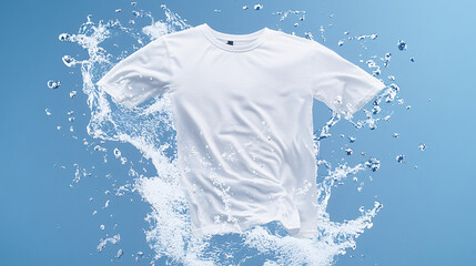 A white t shirt being washed in water, the fabric fluttering around as it matches a blue background. 