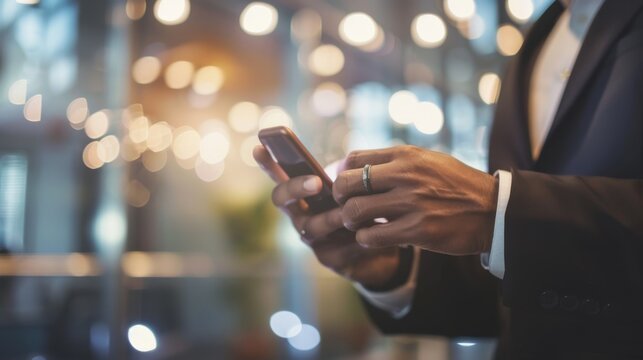 A close-up photo of a businessman's hand using a smartphone to check financial news, with a blurred background of an office setting, The image emphasizes the importance of staying informed in business