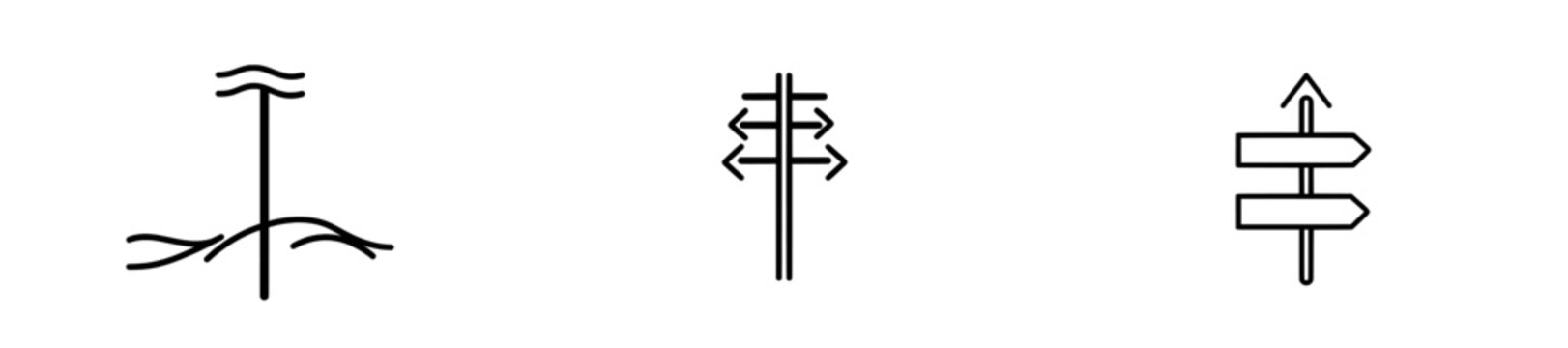 A minimalist black linear design of a fingerpost in continuous line art style, indicating travel directions to various places, isolated on a white background. Modern illustration.