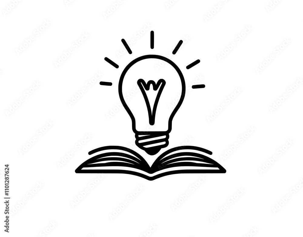 Poster a single line art illustration of a book and bulb icon, drawn in a modern style with a continuous li