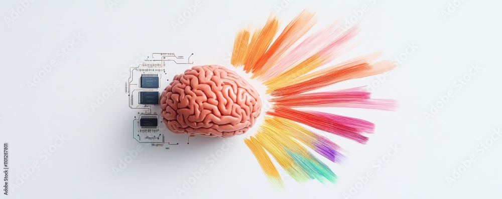 Poster creative brain with colorful rays representing ideas and innovation.