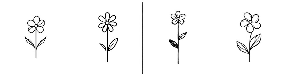 Naklejka premium A simple, isolated black-and-white contour drawing of a single camomile flower with petals on a stem.