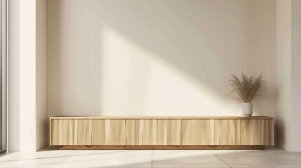 Fototapeta premium Minimalist Interior Design with Wooden Cabinet and Sunlight