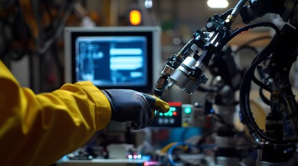 Worker Interacting With Industrial Robotic Arm