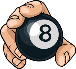A mascot person hand or fist holding a pool or billiards 8 billiard black ball