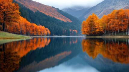 Fototapeta premium A tranquil lake reflecting the fiery colors of the surrounding autumn foliage, creating a mirror like effect that doubles the visual impact.