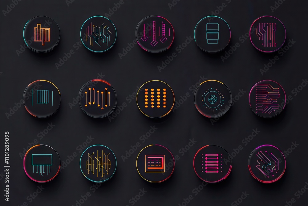 Poster collection of minimalist icons featuring circuitry and silicon processor symbols for web, branding, 