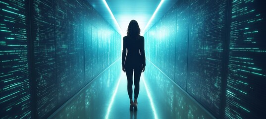 Silhouette of a Woman in a Futuristic Corridor with Data Streams, Data Security Concept
