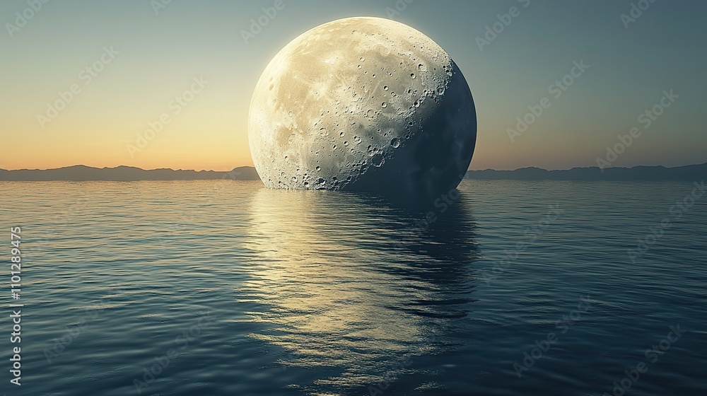 Poster the new moon with reflection on the water rendering