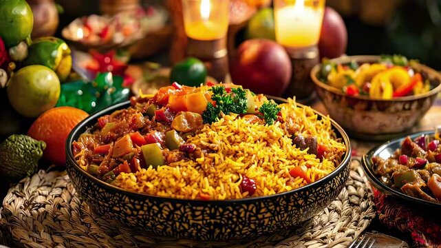 A festive table set for Kwanzaa with traditional African dishes, including jollof rice, vegetable stew, and fresh fruits