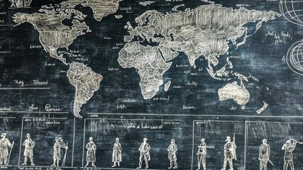 Chalk-drawn timeline of major historical events on a blackboard, with years and figures highlighted--great for history class presentations.