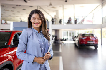 Portrait of pretty Caucasian vehicle saleswoman in suit standing with clipboard near new modern car...