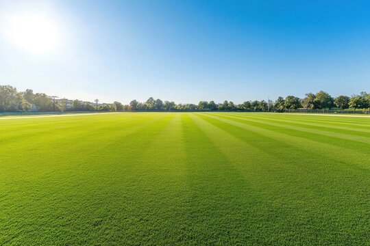 A well-maintained cricket pitch featuring vivid boundaries and bright blue skies on a beautiful day ideal for enjoying a game