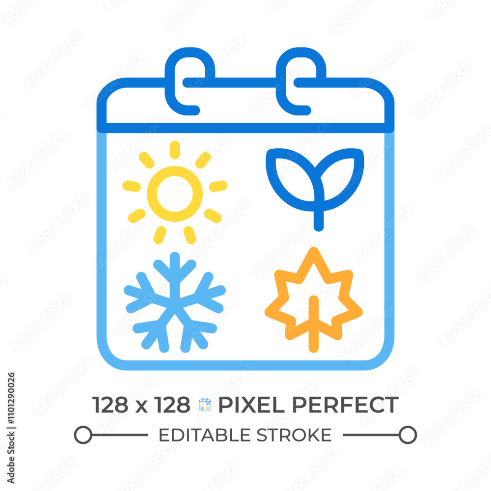 Poster seasonal cycle two color line icon. summer. sprout for spring. snowflake for winter. maple leaf for 