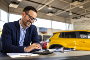 The careful attention a man gives to paperwork in the car showroom crafts clarity in every...