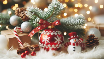 Red Christmas Ornament - Decorated Christmas Bauble Background with Space for Copy - Christmas Ornament with Christmas Tree - Holiday Diffused Bokeh Wallpaper - Snow, Mistletoe and Presents