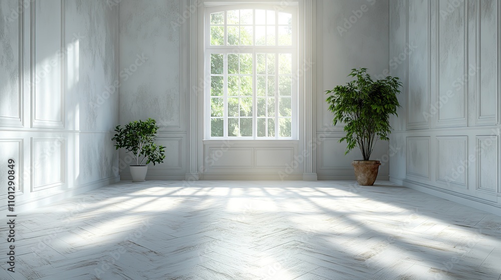 Poster the white empty room with sunlight coming from the window rendering