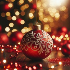 Red Christmas Ornament - Decorated Christmas Bauble Background with Space for Copy - Christmas Ornament with Christmas Tree - Holiday Diffused Bokeh Wallpaper - Snow, Mistletoe and Presents