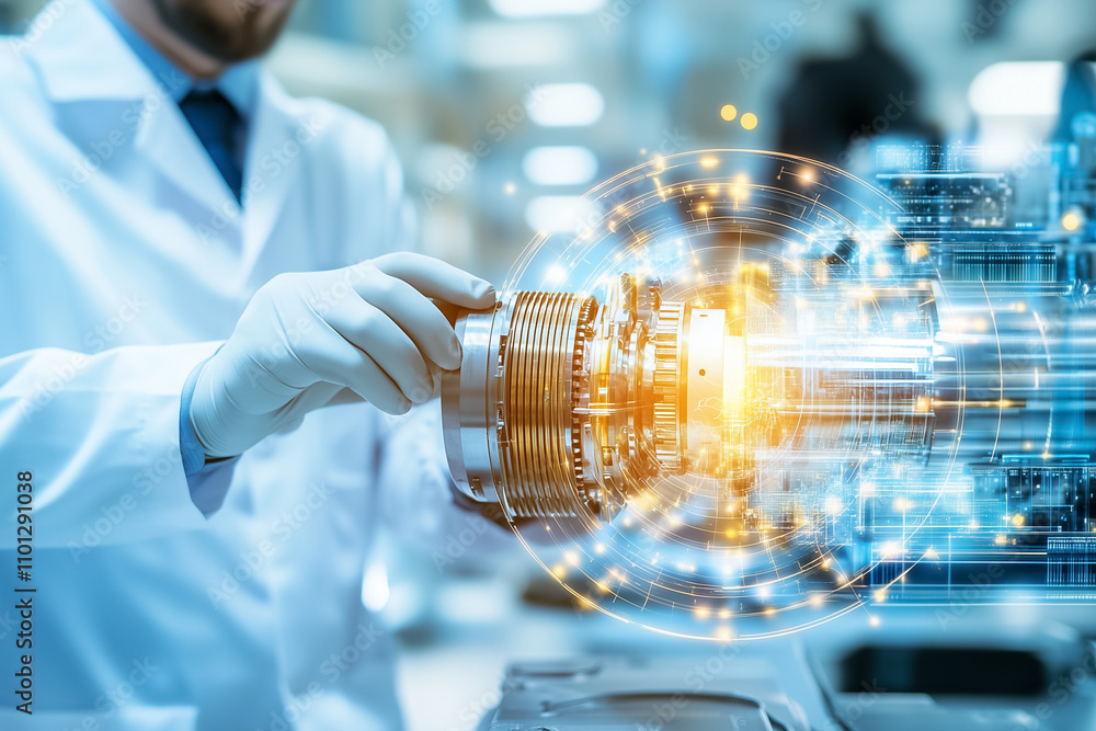 Poster a professional in a lab coat inspects advanced machinery, blending science and technology in a moder