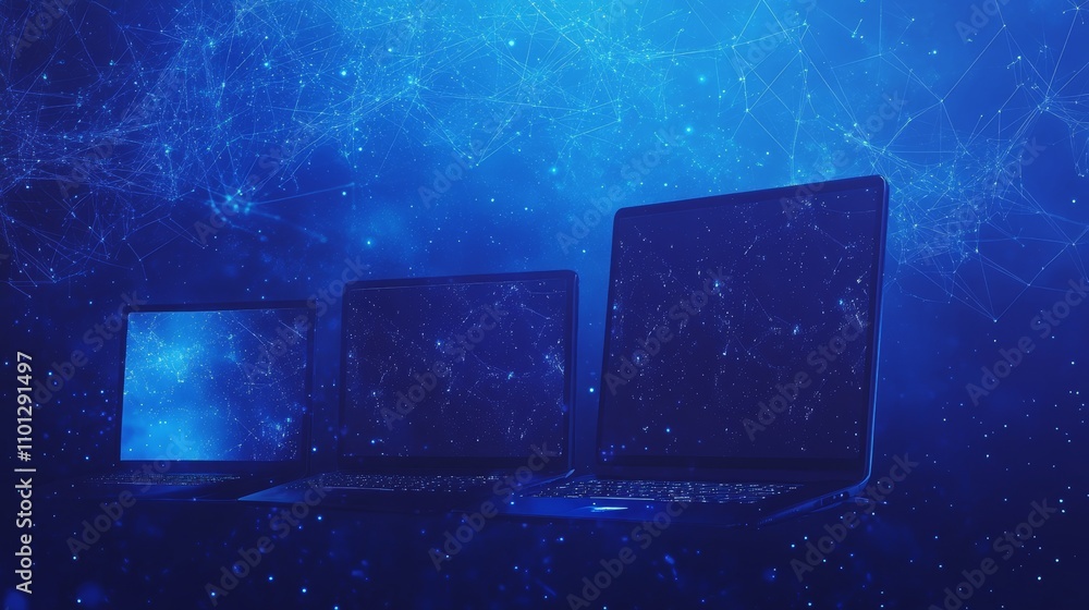 Poster in a low-poly wireframe starry sky and cosmic setting, a laptop and monitor embody the theme of tech