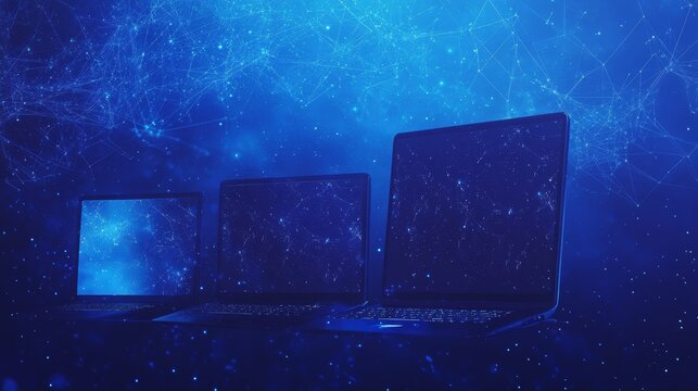 In a low-poly wireframe starry sky and cosmic setting, a laptop and monitor embody the theme of technology and devices. This abstract 3D render is illustrated in a computerization style, featuring a