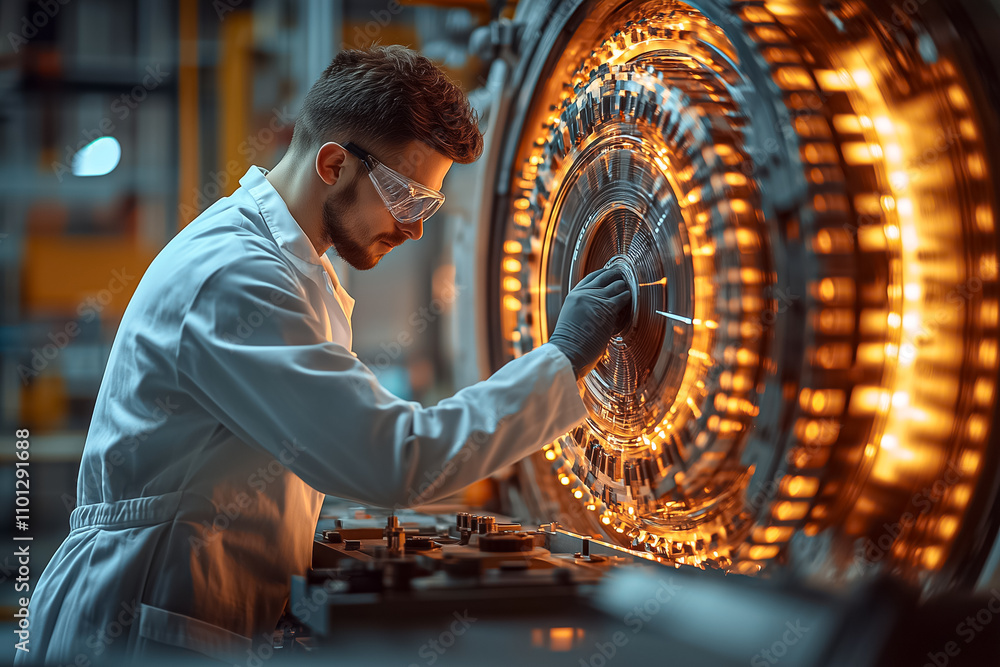 Poster a technician carefully adjusts a complex mechanical component illuminated by warm lights in a high-t