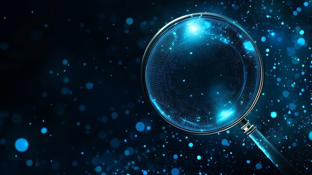 An abstract modern design featuring a magnifying glass and a lock to convey the idea of analytics. The artwork is styled in a low poly wireframe, reminiscent of a starry sky or space.