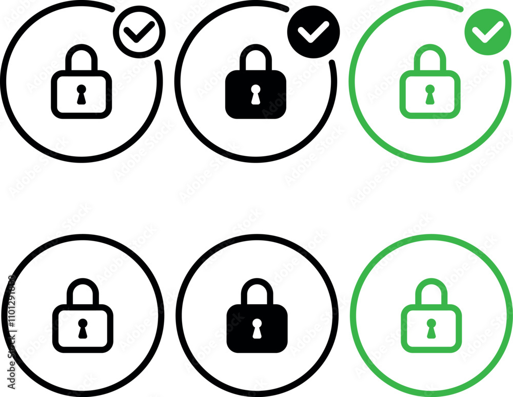 Poster lock check mark icon and security lock icon privacy symbol - protection icon with tick symbol. secur