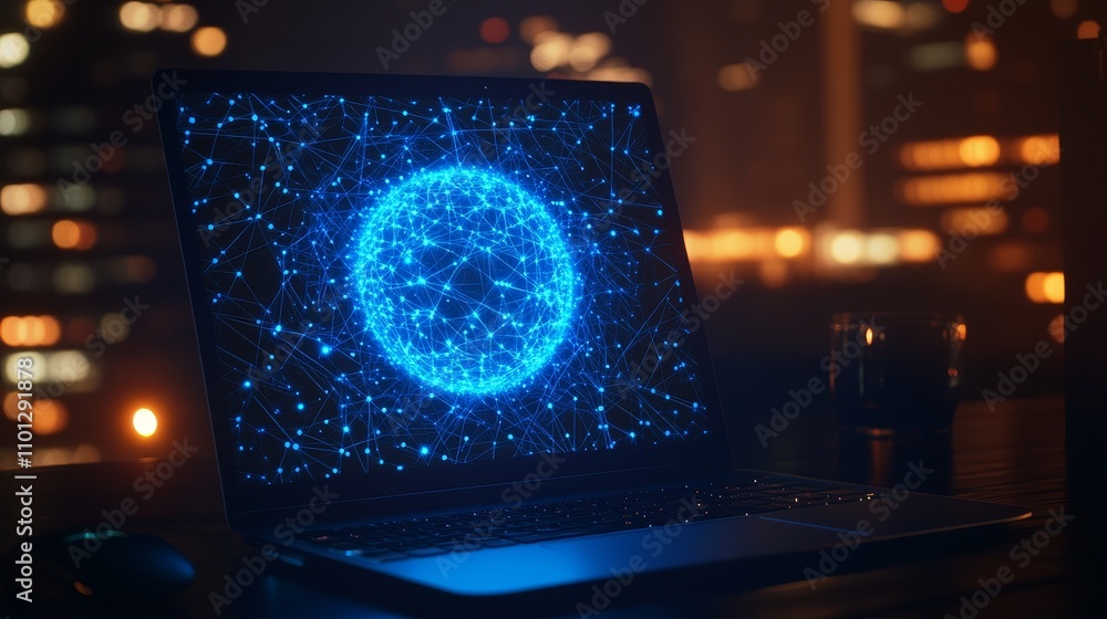 Poster the laptop screen portrays earth through an image of tiny dots, lines, and star-like patterns, illus