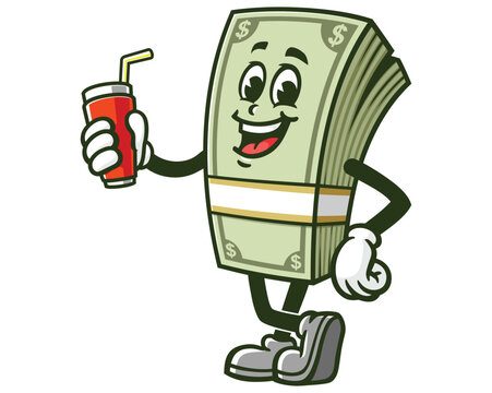 recommend clip art: Money Cash with soft drink,  Cartoon Character Mascot Illustration Vector Clip-art Hand-drawn Logo Design
