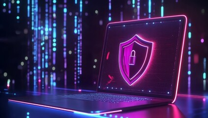 Cybersecurity and insurance principles illustrated by an abstract laptop with a modern, blue security interface.