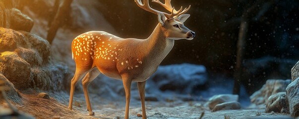 A detailed model of a graceful deer standing in a natural setting highlighted with beautiful lighting