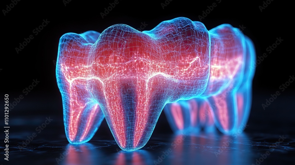 Poster tooth with blue structure lines rendering