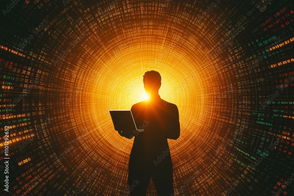 Poster the concept of hacking in cyberspace is depicted by a hacker silhouette with a laptop, set against a