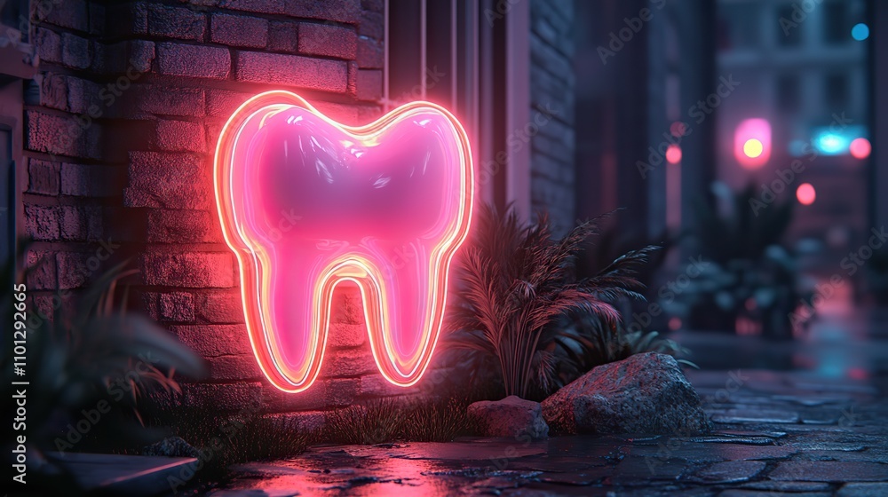 Poster tooth with dark neon light effect rendering