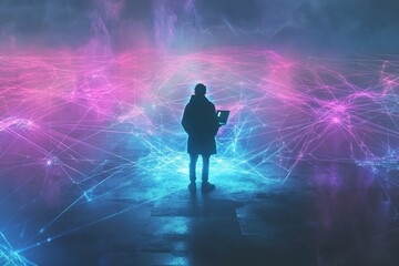 An anonymous figure in a hoody with a laptop, symbolizing internet security and personal data protection, stands out against an abstract digital cyberspace background.