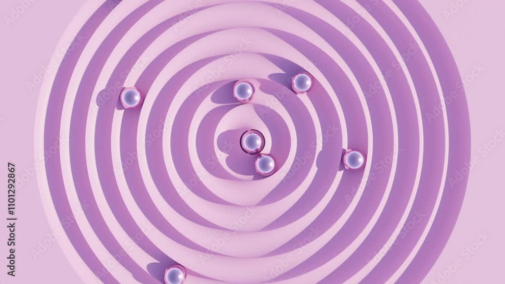 Poster abstract 3d animation of metal balls in dynamic circular motion on pink surface for modern geometric