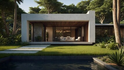Fototapeta premium AI-generated Modern Luxury Hotel-Style House with USA-Inspired Interiors – Stunning Exterior Perspective, Earthy Materials, and Dynamic Design in Natural Settings, Perfect Blend of Innovation, Eleganc