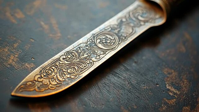 Macro shot of a finely engraved letter opener, showing the patina of the metal and the precision of the detailing.