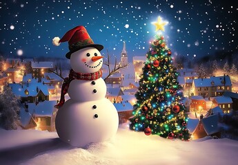Naklejka premium Snowperson and a Christmas Tree