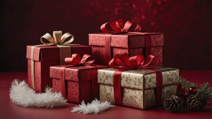 Obraz premium Elegant gift boxes and decor on red background