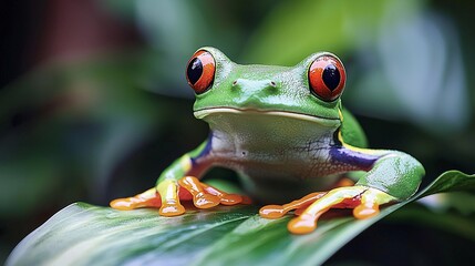 Fototapeta premium Vibrant Tree Frog Close-up - Stunning Contrast of Colors in Jungle Habitat