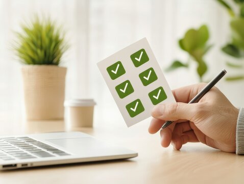 A hand holding a checklist with green checkmarks, symbolizing task completion and compliance in a workspace setting